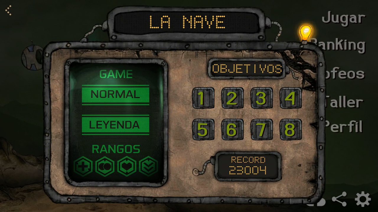 Paperbot stage screen for La Nave showing difficulty, objectives and record.